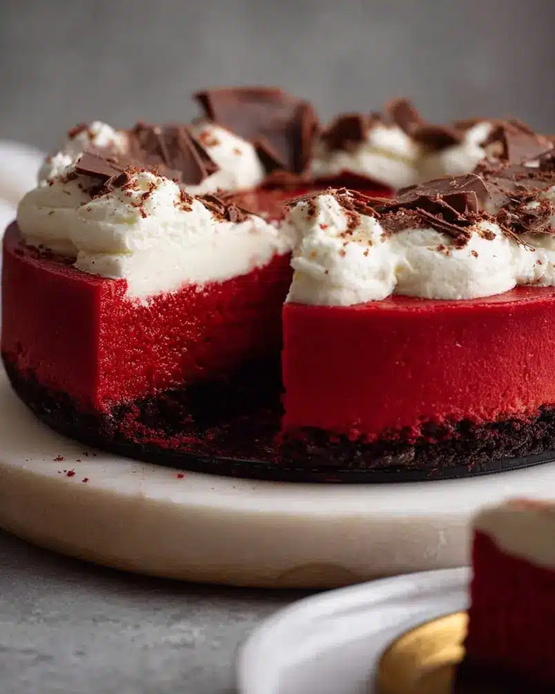 Red Velvet Cheesecake 2 Perfectly portioned slices of red velvet cheesecake, showcasing the vibrant layers and creamy texture.